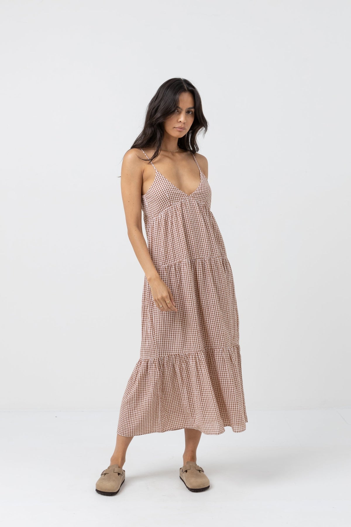 Lola Check Tiered Midi Dress Clay