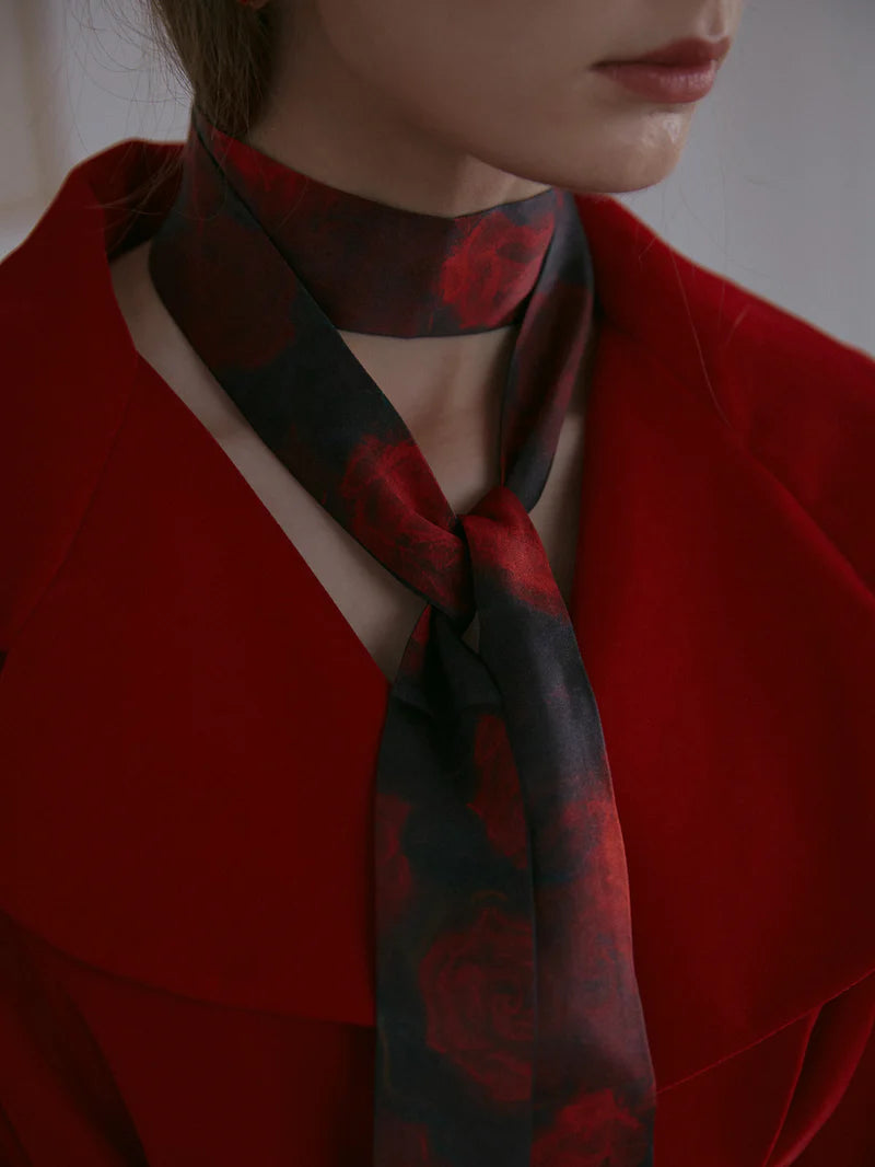 "La Rosa" Silk Skinny Scarf - Black & Red