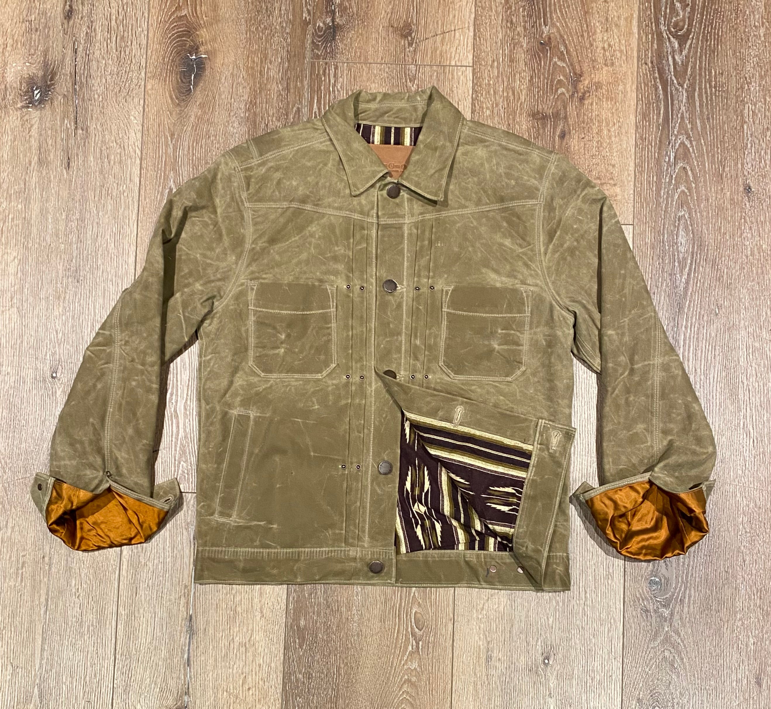 RIDERS JACKET WAXED CANVAS OLIVE TOBACCO WITH TUMBLEWEED PURPLE INTERIOR