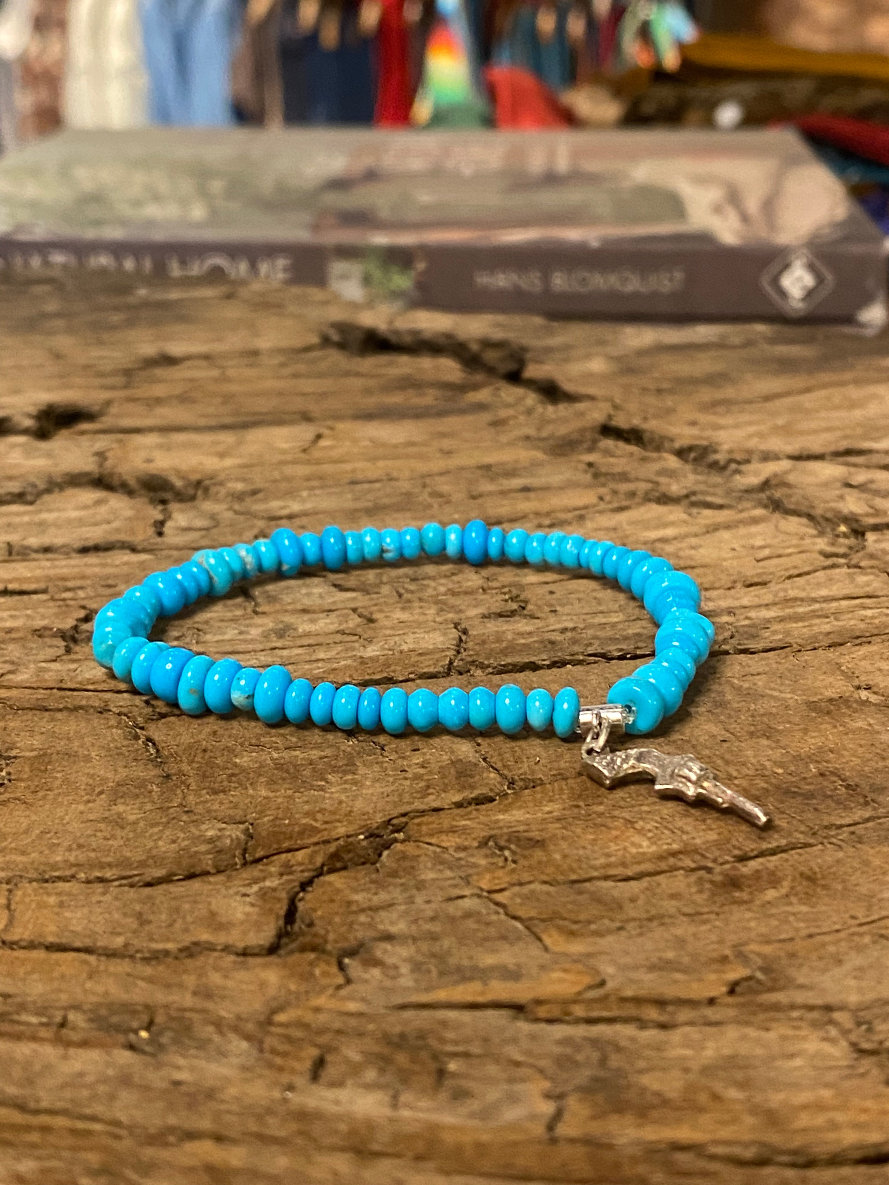 Sleeping Beauty Turquoise Mixed Rondelle Bead Stretch Bracelet with Sterling Silver Pistol Charm