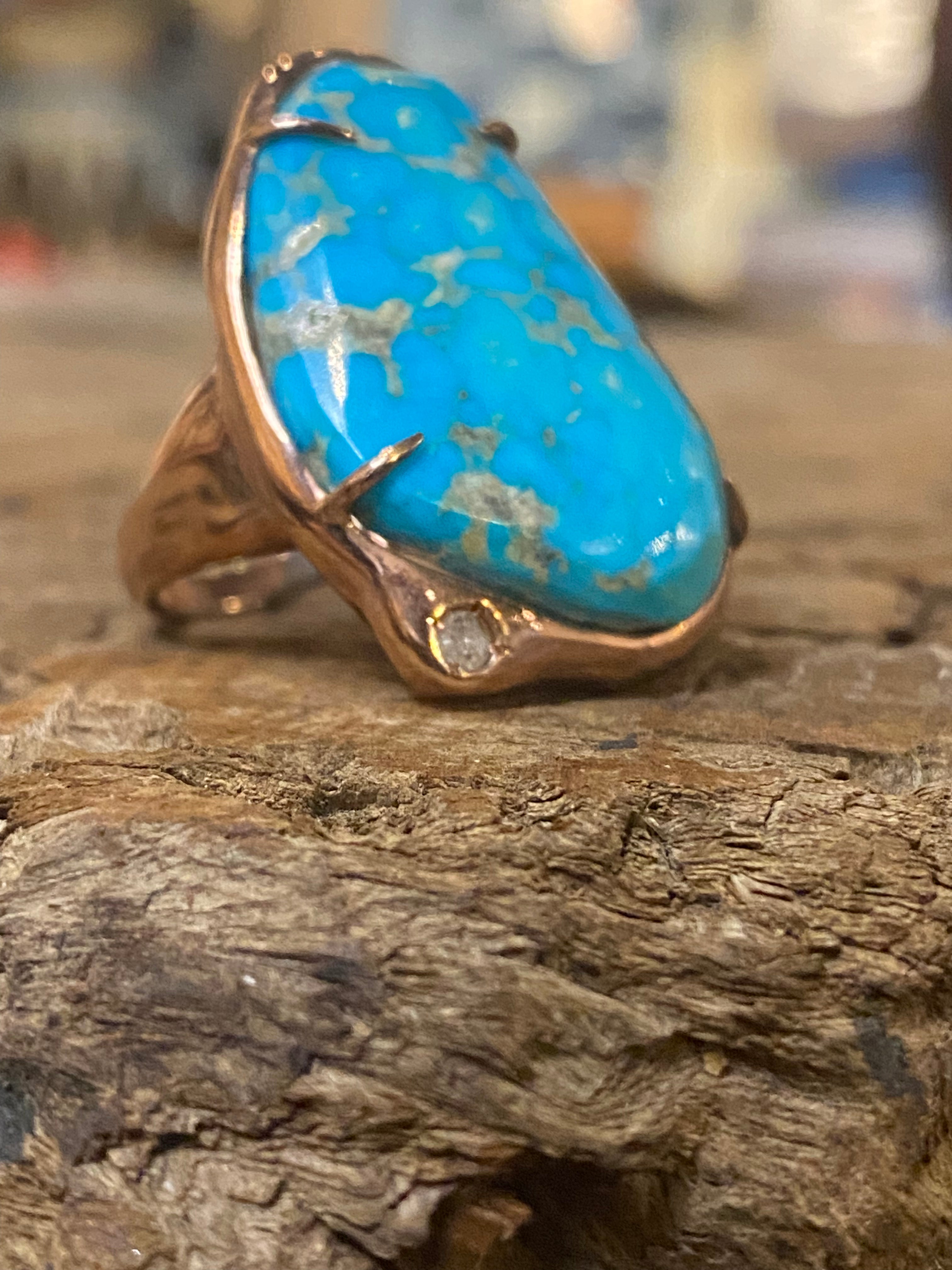 Kingman Turquoise Ring with Diamond Accent Sterling Silver with Rose Gold Plating