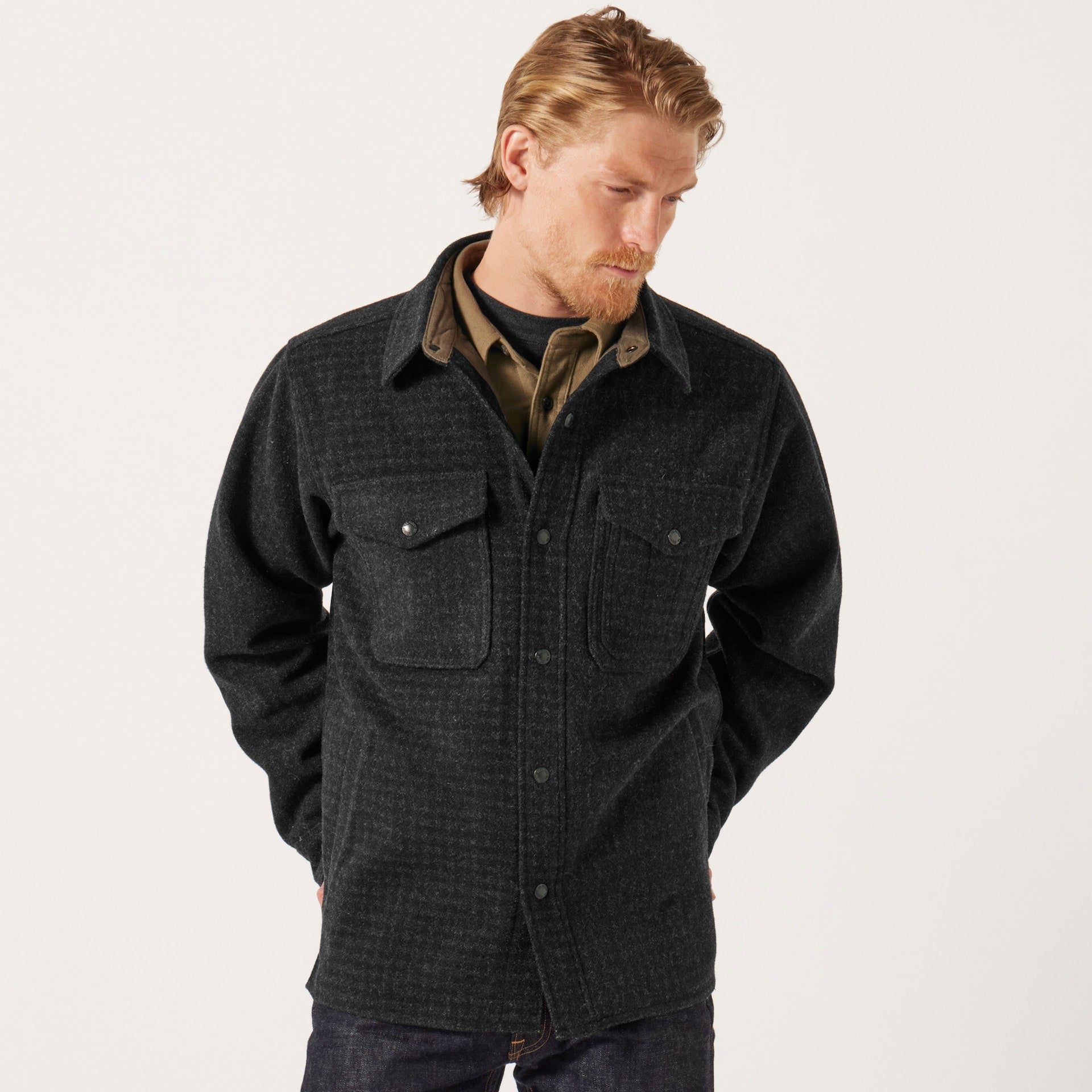 LINED MACKINAW WOOL JAC-SHIRT - Black Marl / Heather Check