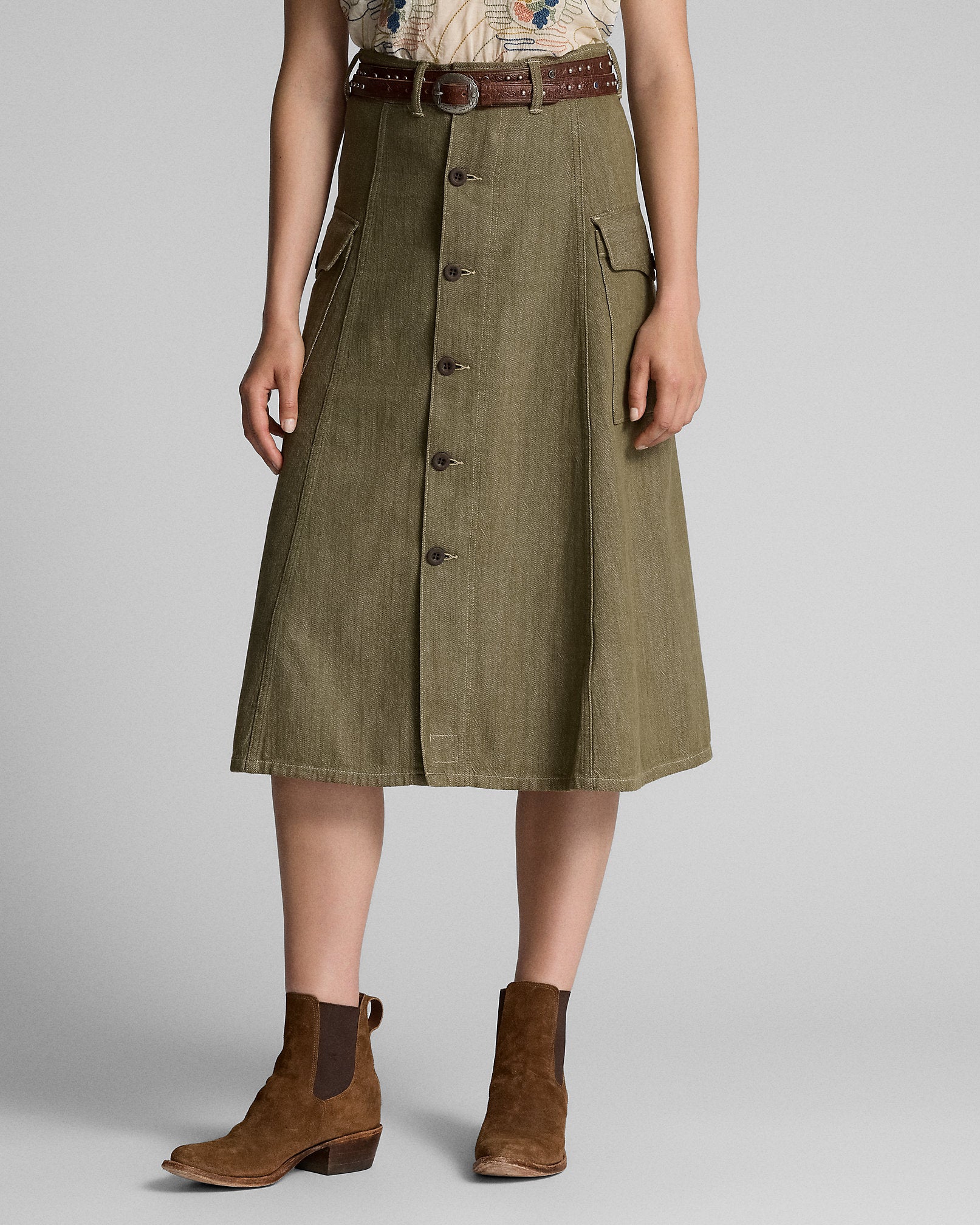 RRL Olive Slub Denim Skirt